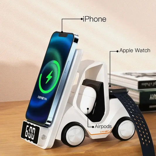5-in-1 Wireless Charging Station with Alarm Clock for iPhone, Apple Watch & AirPods – Fast Charger Dock Stand - OBRANO